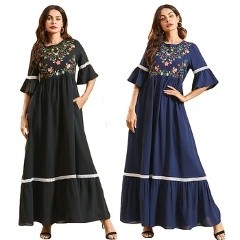 

Kaftan Abaya Muslim Women Flare Sleeve Maxi Long Dress Floral Embroidery Caftan Pleated Ruffle Robe Party Gown Islamic Clothing