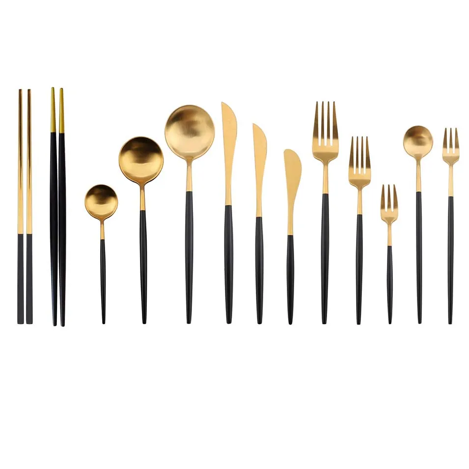 Набор столовых приборов с черной золотой ручкой, набор посуды из нержавеющей стали, многоразовая посуда, вилка, ложка, столовый десертный нож, набор серебряных изделий