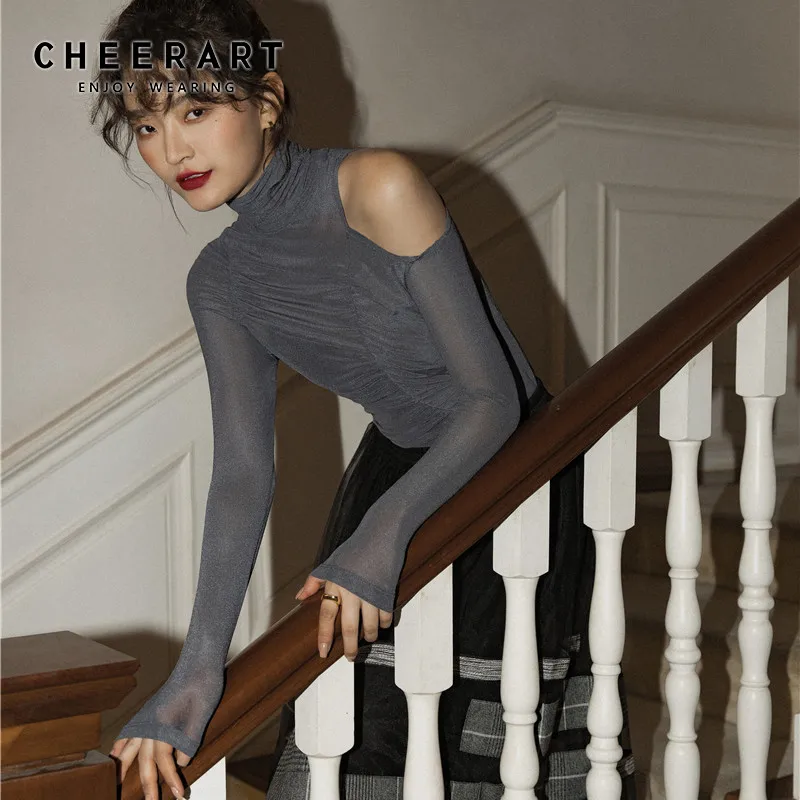 CHEERART Топ на одно плечо с длинным рукавом черепаха шеи Футболка Топы открытыми