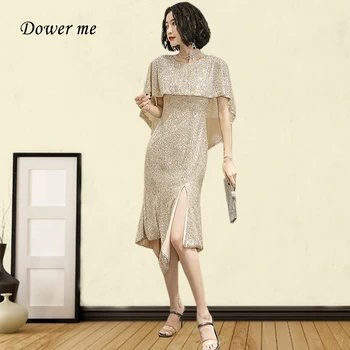 

Prom Dress Mermaid GK142 O-neck Shawl Champagne Vestidos De Fiesta Knee Length Women Party Dresses Sequin Split Formal Gowns