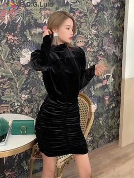 

EDGLuLu woman dresses fall winter 2019 o neck long sleeveblack velvet dress vintage chic elegant elegant ruched dress