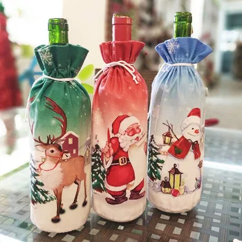 

Home Christmas Wine Bottle Cover Printing Santa Claus Snowman Decoration Red Wine Gift Holders for New Year Xmas
