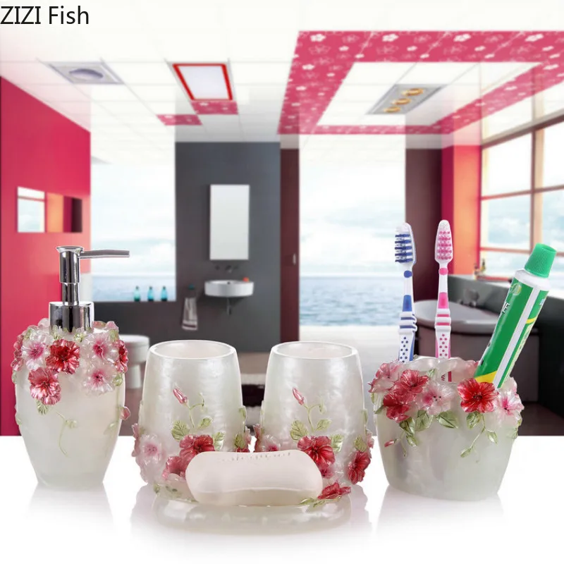 Ванная комната костюм из пяти предметов лосьон колба для зубной щетки чашка свадебные подарки европейский стиль бытовой смолы принадлежности для ванной комнаты