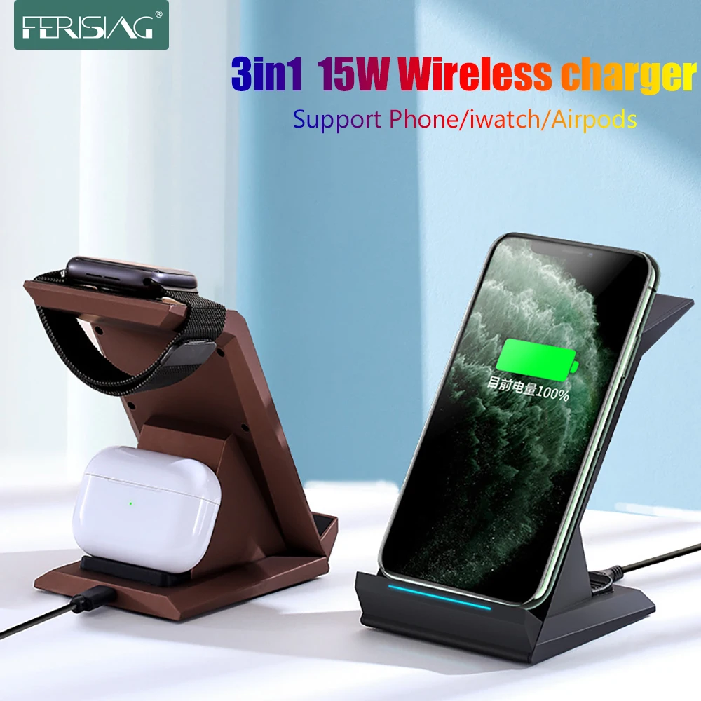 

FERISING 3 in1 15W Wireless Charger For iPhone 11/XS/X AirPods Pro Apple iWatch 5/4/3/2/1 QI Wireless Charging Stand for Samsung