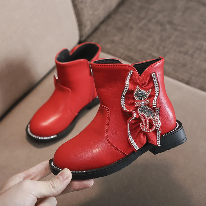 

Girls' Boots Winter GIRL'S Man-made Diamond Lace-up Short Boots Korean-style Children gong zhu xue Big Boy plus Velvet Cotton Bo