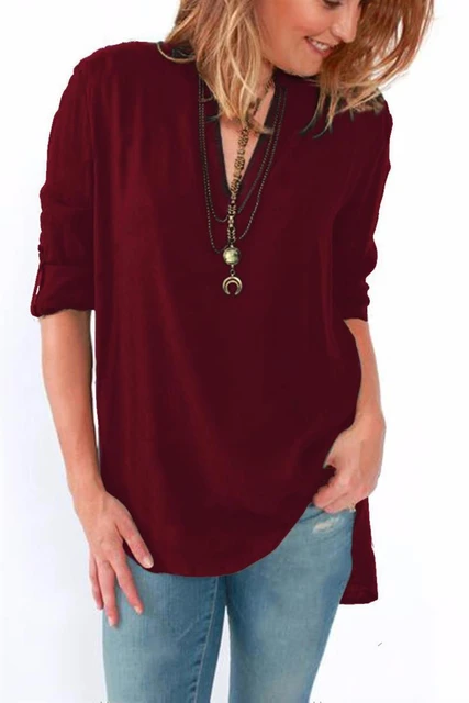 Summer Long Mujer De Moda 2019 New Women Tops V-neck Solid Color Chiffon