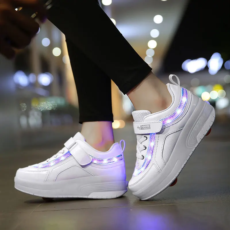  Children One Two Wheels Luminous Glowing Sneakers Gold Pink Led Light Roller Skate Shoes Kids Led S - 4000340638782