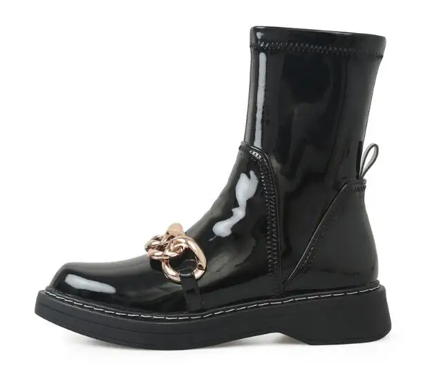 

Spring New Black Shiny Leather Round Toe 3 cm Med Heels Ankle Boots Woman Gold Chain Zipper Side Short Booties Shoes