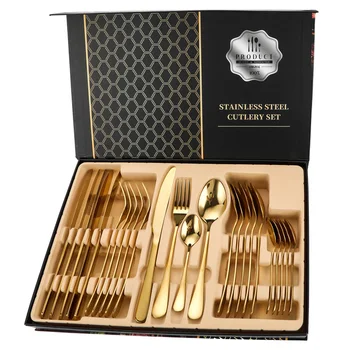 

Luxury Gold Dinnerware Sets Cutlery Set 24 Piece Stainless Steel Tableware Fork Spoons Knives Set Gift Cutlery Box Dinner Set