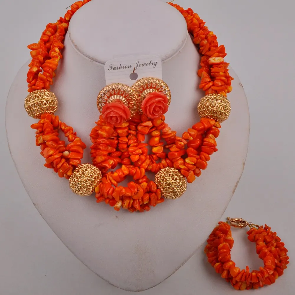 

Orange Coral Necklace African Wedding Beads Jewelry Set Nigerian Bridal Jewelry Sets
