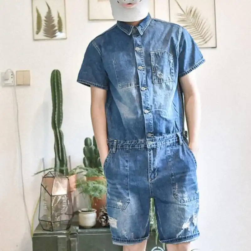 short sleeved denim jumpsuit