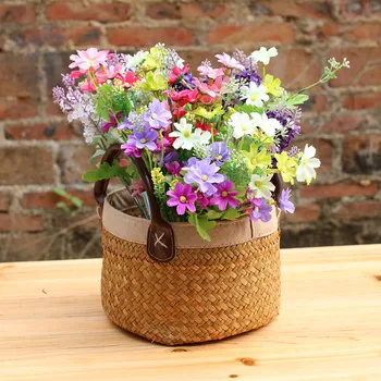 

Handmade Wicker Basket with Handle Mini Storage Basket Vintage Seagrass Woven Basket Flower Pot Vase Candy Sundries Container