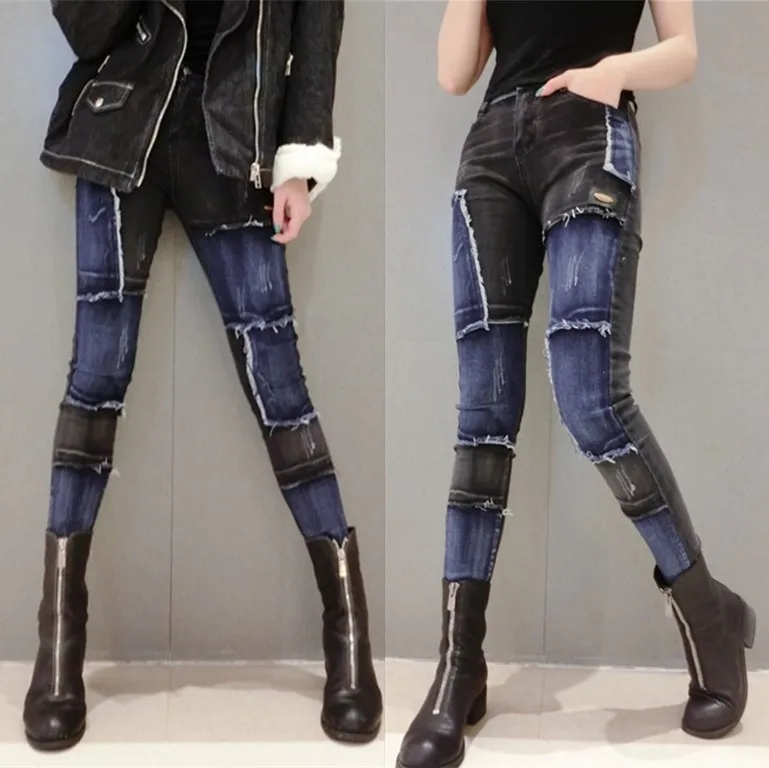 Color Patch Jeans Female Pants Ripped Jeans Pencil Pants Girls Ladies All-match Boots Pants Dzinsy Damskie Jean Mujer
