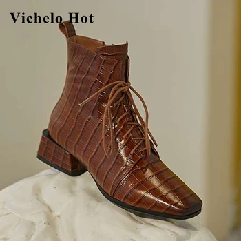 

Vichelo Hot large size genuine leather gingham cross-tied square toe med square heels zipper elegant lady dress ankle boots L7f3
