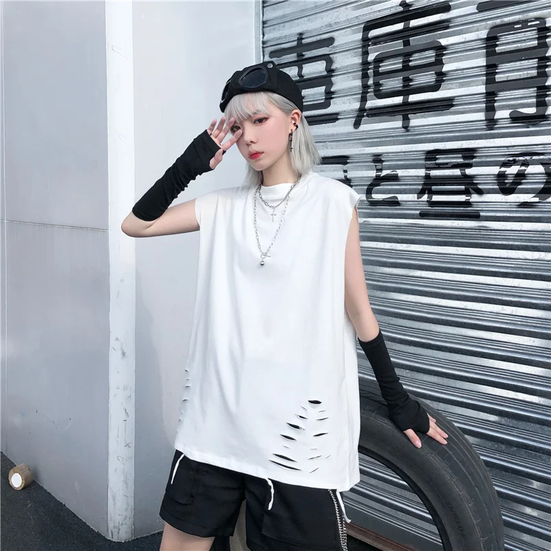 Футболка без рукавов Женская Корейская Инс Harajuku уличная Ретро дырочная свободная универсальная верхняя одежда жилет Топ в стиле панк 30bx
