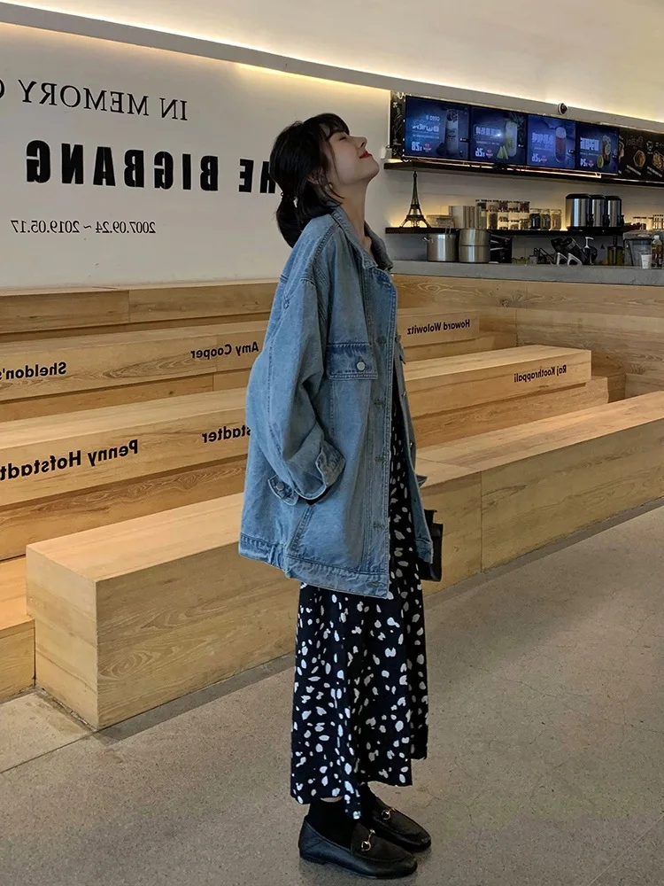 

Jeans Coat Women's 2019 Autumn New Style Students Loose-Fit Korean-style Versatile Long Sleeve Solid Color Tops Fashion