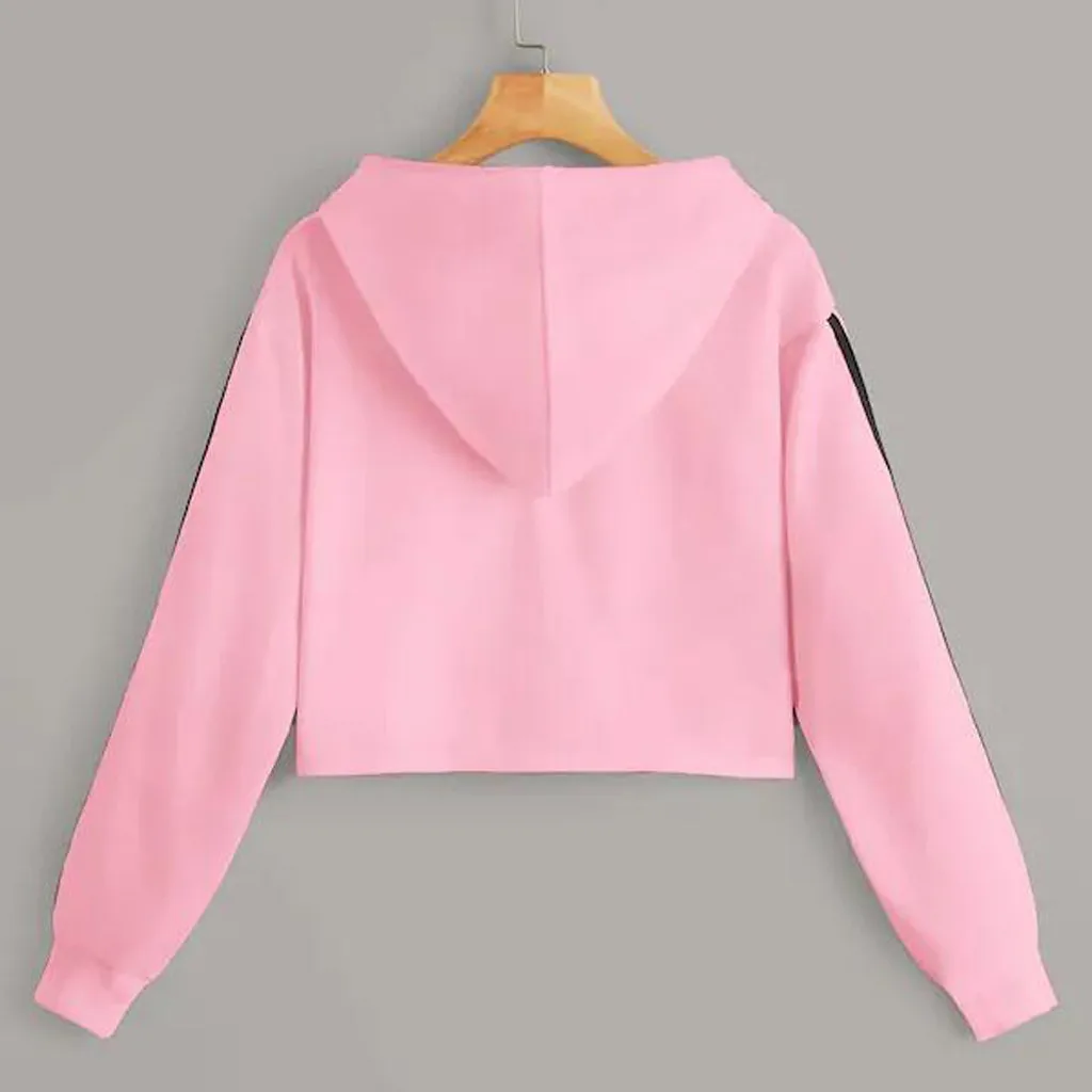 Jaycosin Fashion Leisure Long Sleeves Drawstring Stripe Hooded Pullovers Tops Loose Casual Women