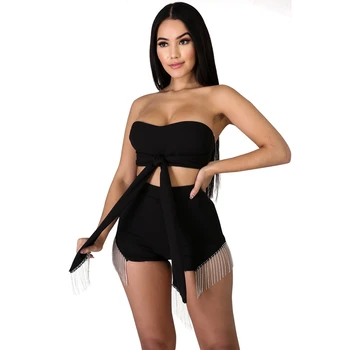 

Black Two Piece Short Set Women Rhinestone Top Shorts Set Suit Sexy Matching Set Club 2 Piece Outfits Summer Clothes for Women