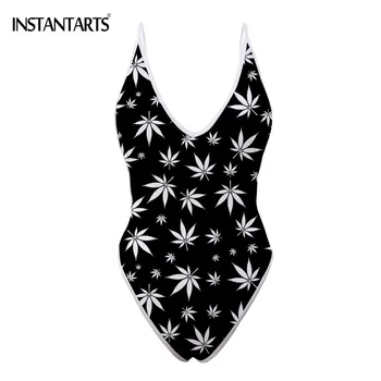 

INSTANTARTS Colorful Jamaica Hemp Leaves Print Women's Summer Swimming Suits Sexy Deep V Monokini Girls Fashion Beach Swimwear