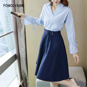 

New 2020 Spring 2 Pieces Set Women Fashion Ruffled Sleeve Stripe Tops Blouse and Skirt Two-piece Suit Set