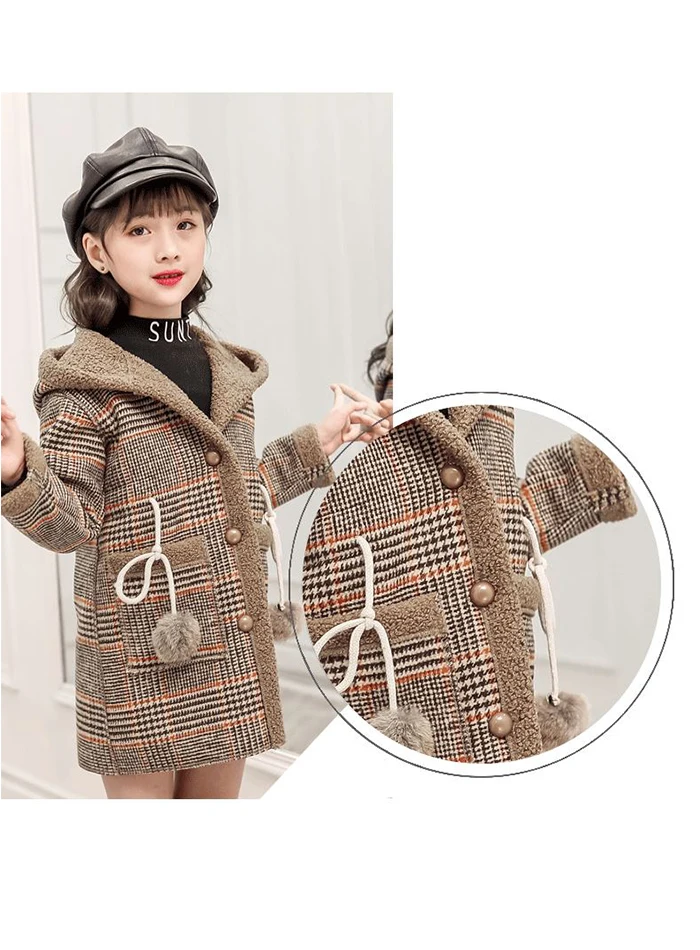 Girls winter plus velvet thickened long tartan coat in the big boy foreign fashion hooded woolen coat jacket