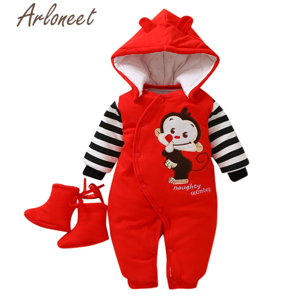 Красный ARLONEET Cartoon Coats Baby Boy Romper Winter Cotton Shoes Baby Girls Thick Rompers Coat Jumpsuit Hooded Baby Romper Bebe Menina - Цвет: Красный