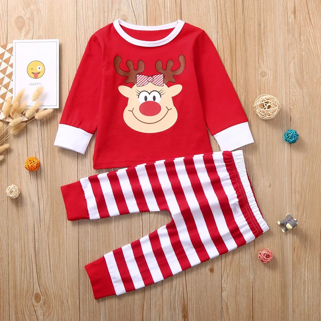 Рождественская одежда для малышей Топы с длинными рукавами и рисунком оленя для маленьких мальчиков и девочек+ штаны в полоску Семейный комплект одежды, Ropa Navidad