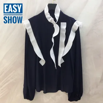 

F371 Silk blue matching blouses and blouses with ruffles