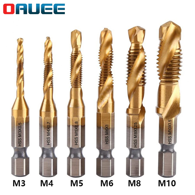 Taladro titanio plateado caña hexagonal HSS rosca de tornillo broca métrica taladro Bits máquina para tornillos compuesto M3 M4 M5 M6 M8 M10 herramientas de mano