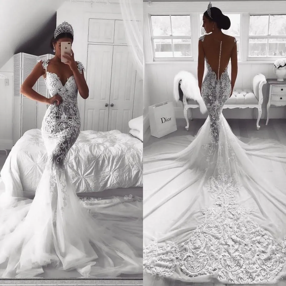 Белый Винтажное кружевное свадебное платье в стиле русалки, сексуальное прозрачное платье с v-образным вырезом, иллюзионная пуговица на спине, свадебное Тюлевое платье с шлейфом, свадебные платья Cu - Цвет: Белый