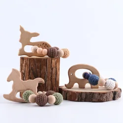 Anneau de dentition en forme de cerf, 1 pièce, Bracelet Sika pour bébé, hochets en bois de hêtre, perles crochetées, cadeaux pour enfants, produits artisanaux, jouet 