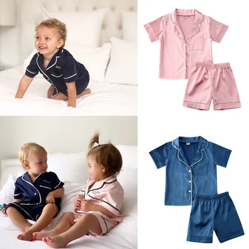 

2PCS Baby Boy Girl Satin Silk Pajamas Set Short Sleeve Shirt Top+ shorts Pants Sleepwear Pajama Sets