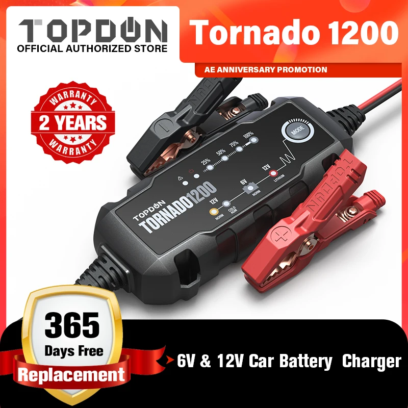 Topdon-cargador de batería de coche T1200, 6V, 12V, automático, ácido de plomo, cargador de batería de litio para coche y motocicleta, hasta 80Ah
