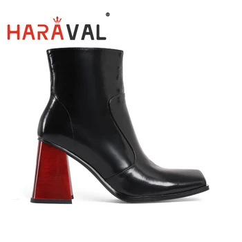 

HARAVAL women thick high heel ankle boots Square toe genuine leather comfortable fashion women shoes rubber E112L