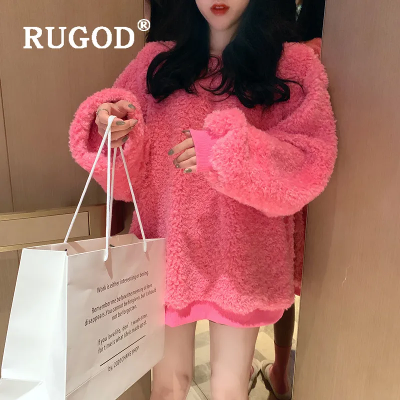 RUGOD Милая Толстовка ярких цветов из овечьей шерсти Женская мода зима весна о-образный вырез длинный рукав пуловер Свободный толстый пушистый топ