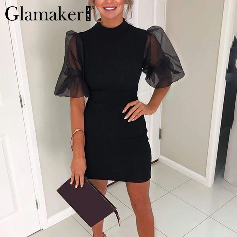 Glamaker Сетчатое лоскутное красное платье с пышными рукавами элегантные женские вечерние облегающее Черное мини-платье сексуальное Клубное летнее короткое платье с круглым вырезом