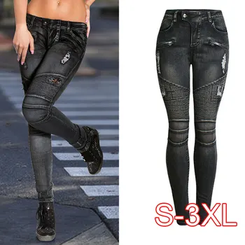 

New Black Motorcycle Biker Zip Jeans Women's Mid High Waist Stretch Denim Skinny Pants Motor Jeans For Women Plus Size 3XL