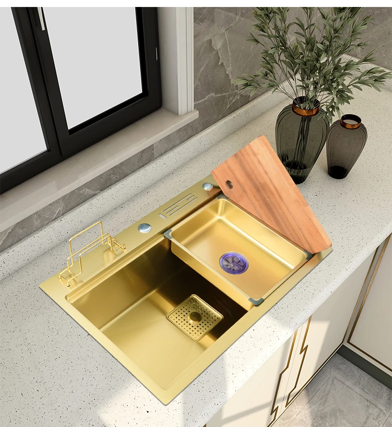 Kitchen sink brushed gold 304 stainless steel with knife holder ladder handmade single bowl gold drainer large size
