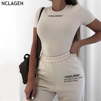 

NCLAGEN 2020 Spring Women Sexy Letter Embroidery Knitting Ribbed Bodysuits Short Sleeve Skinny Bodycon Femme White Romper Tops
