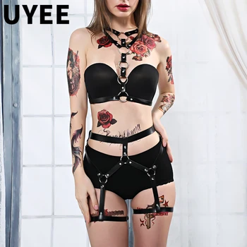 

UYEE Sexy 2PCS Sets Women Garters Bra Harness Leg Bondage Straps Female Bra Leg Garter Adjustable Leather Belt Punk New Black