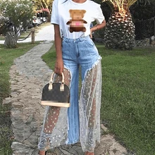 

2021 Fashion Women High Waist Mesh Patchwork Denim Pants indie Female Vintage Wide Leg Pants Loose Romper Trousers Streetwear