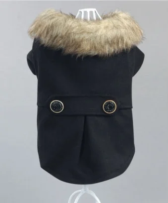 Зимняя одежда для собак, шерстяное пальто, роскошный воротник из искусственного меха, пальто для собак для маленьких собак, теплая ветрозащитная парка для питомцев, флисовая куртка для щенков - Цвет: black