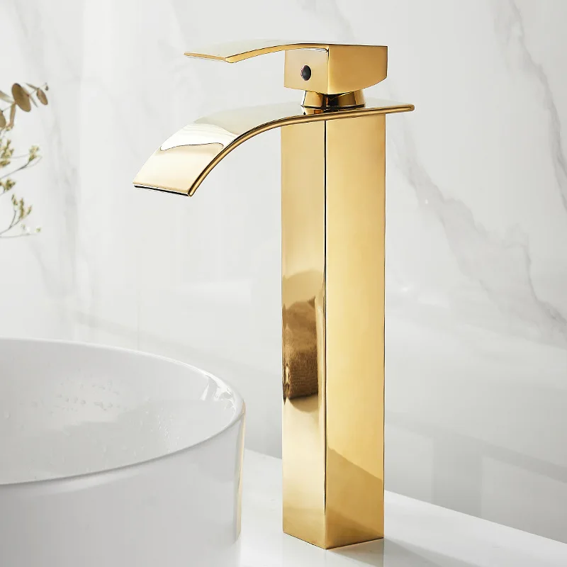 HOIGY Badezimmer-Wasserhahn Gebürstetes Gold – Einloch-Gefäßarmatur Mit Wasserfallfluss & Pop-Up-Ablauf