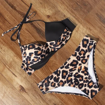 

Halter Push Up Bikini 2020 Snake Prited Swimsuit Floral Women BeachwearLeaf Swimwear Low Waist Bikini Leopard Bathing Suit