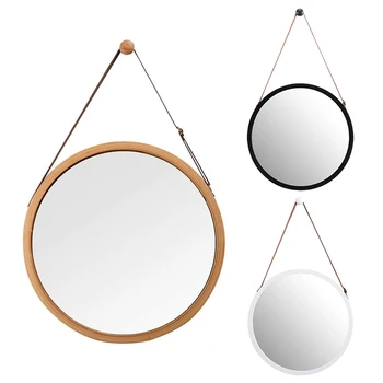 

Hanging Round Wall Mirror in Bathroom & Bedroom - Solid Bamboo Frame & Adjustable Leather Strap