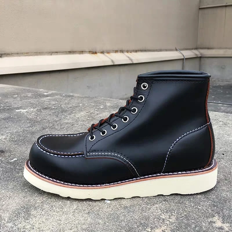 Goodyear-Welted Vintage Genuine Leather Ankle Motorcycle Boots Wings Square top Men Casual Dress Work Red Boots Shoes men punk