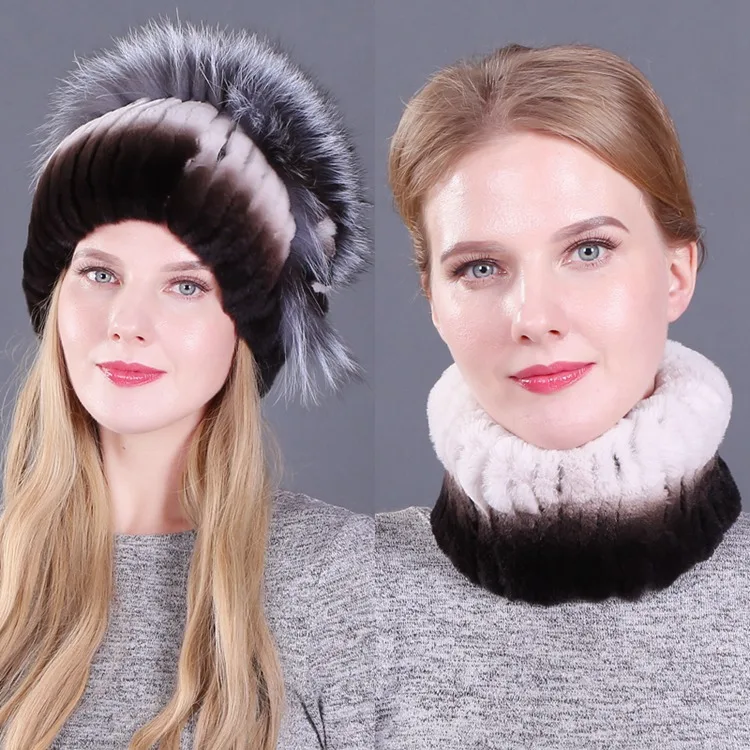 Real Rex Rabbit Fur Women Hat Scarf Sets Winter Thick Warm Vintage Fur Female Caps Scarves Casual Ladies Hats New Arrival - Цвет: color9