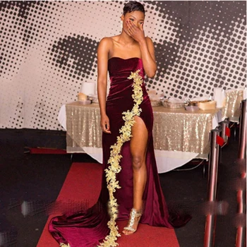 

Eightale Burgundy Evening Dress Sweetheart Kaftan Velvet Arabic Dubai Appliques Side Split Mermaid Prom Party Dress