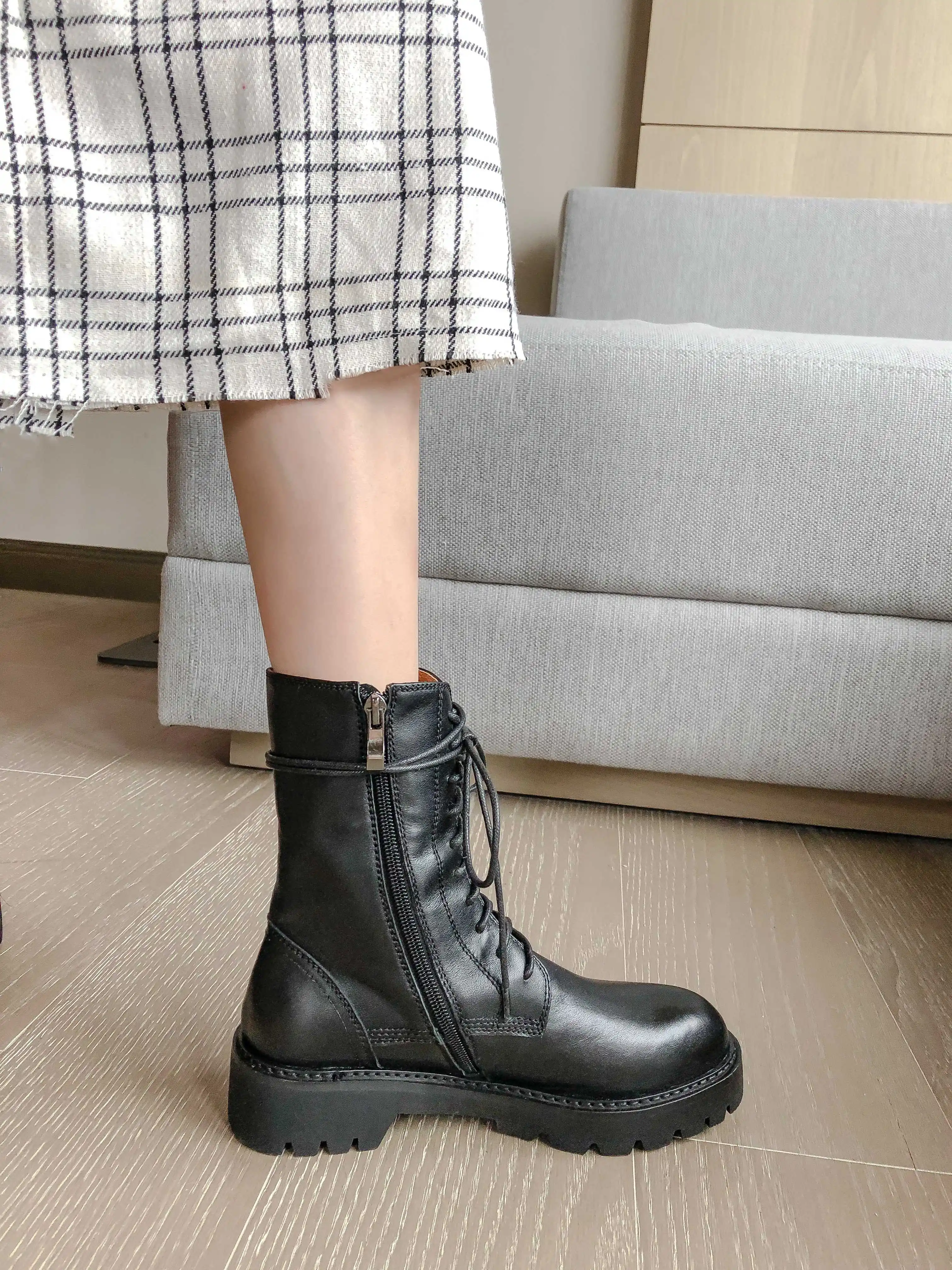 Krazing pot/Повседневная обувь черного цвета из натуральной кожи, с круглым носком, на среднем каблуке, с боковой молнией зимние теплые женские сапоги до середины икры, L60