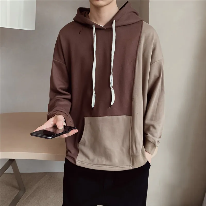Autumn Man Hoodies Hit Color Patchwork Men's Sweatshirts Black Brown Khaki M-5XL Men Hooded Sweatshirts